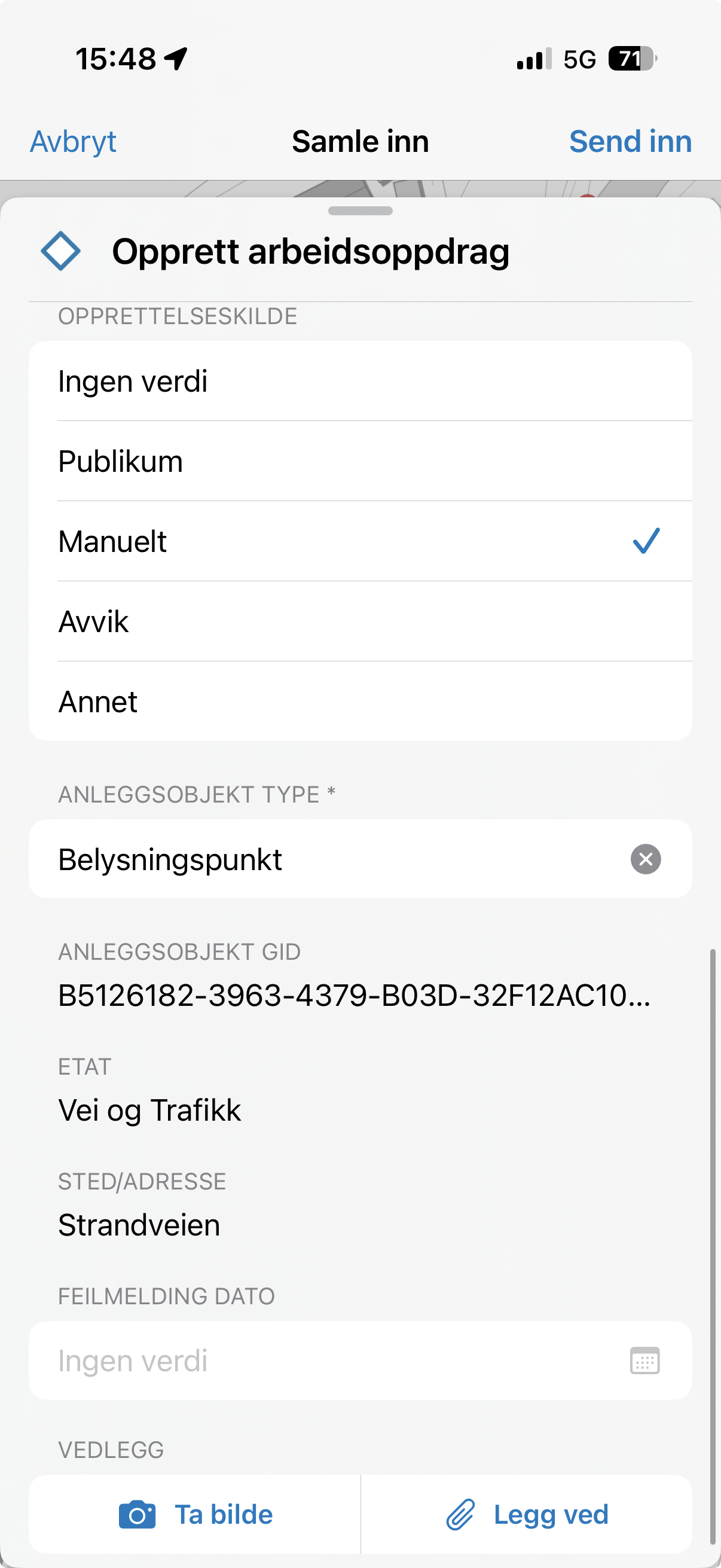 Skjemaet for nytt oppdrag med anlegg, etat og adresse fylt ut automatisk