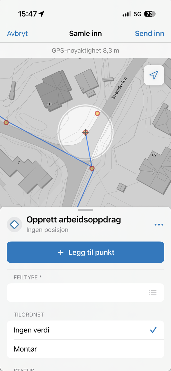 Nytt oppdrag i Field Maps som snapper til et belysningspunkt