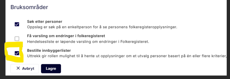 Bruksområder i Fiks forvaltning, med «Søk etter personer» og «Bestille innbyggerlister» avhuket