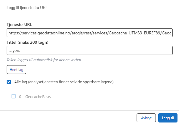 Dialogen Legg til tjeneste fra URL med feltene Tjeneste-URL og Tittel, knappen Hent lag og lagvalget