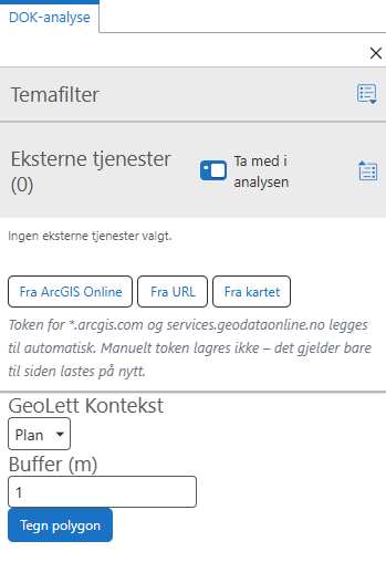 Seksjonen Eksterne tjenester med bryteren Ta med i analysen slått på og knappene Fra ArcGIS Online, Fra URL og Fra kartet