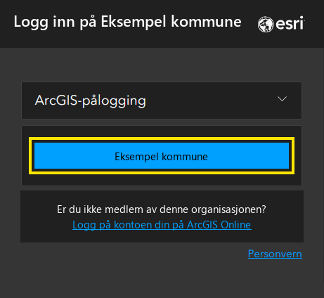 Innloggingssiden for en kommune i ArcGIS Online med knappen med kommunens navn markert