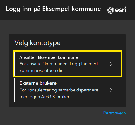 Innloggingssiden for en kommune i ArcGIS Online med valget Ansatte i kommunen markert